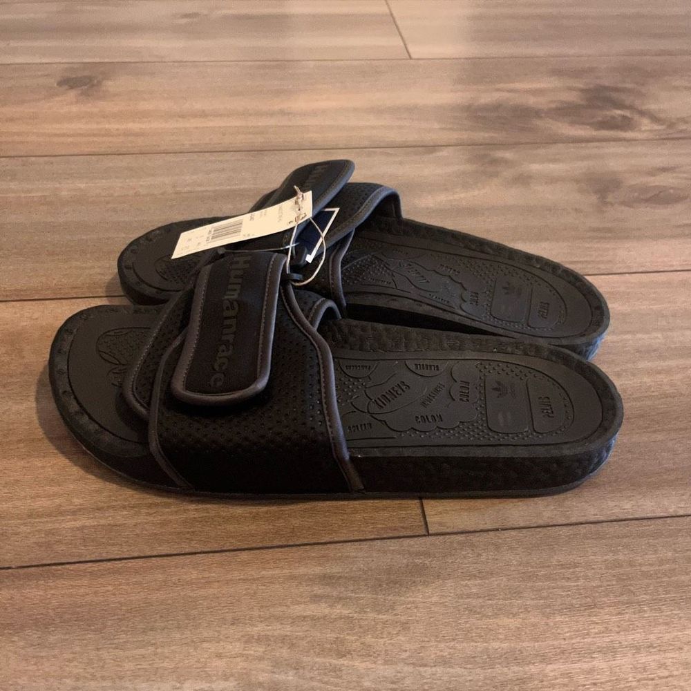 Adidas Pharrell Williams Human Race Logo Triple Black Slide Mens 10 - Picture 5 of 7